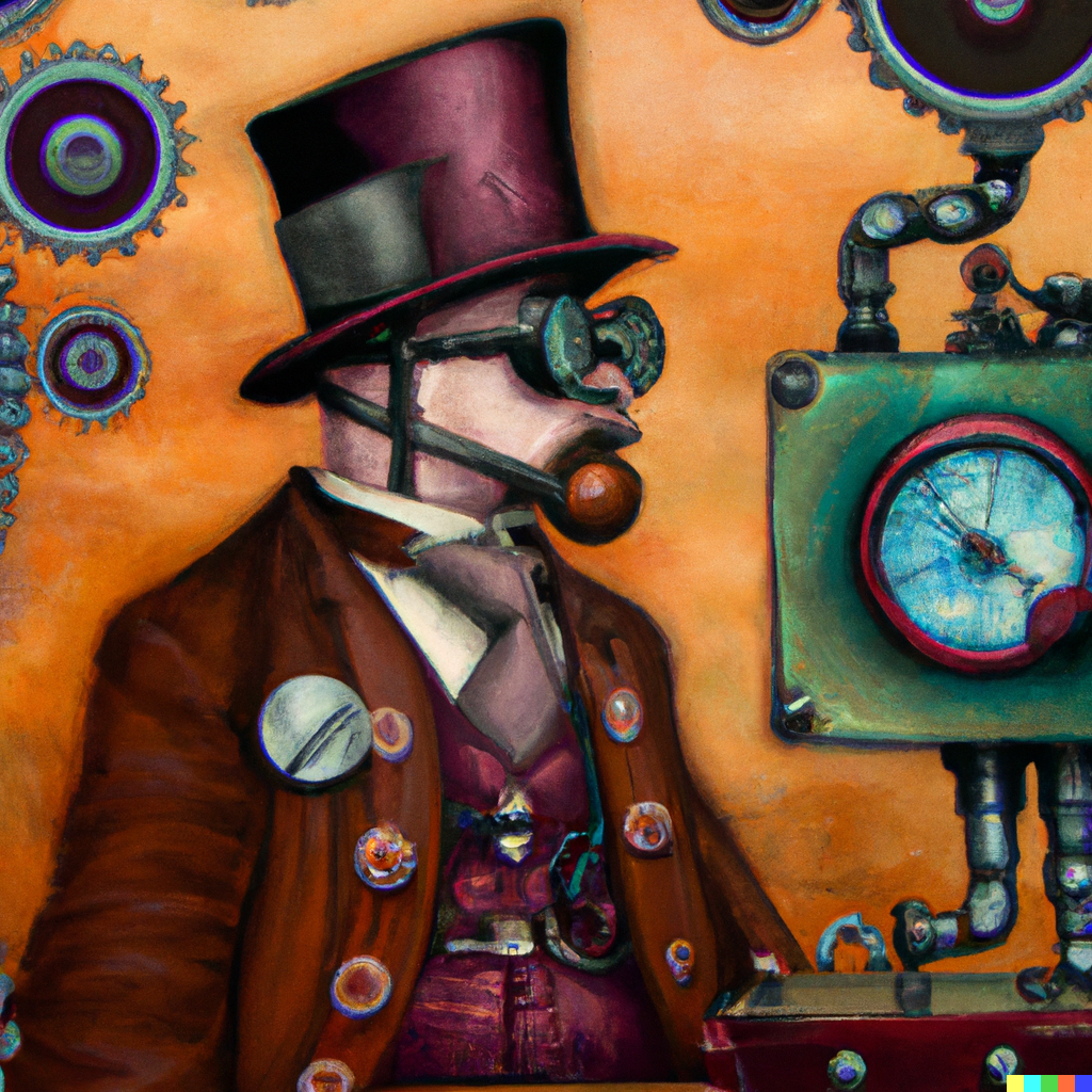 DALL·E 2022-12-28 17.39.39 - A abstract painting of Prof. Ronzenbark in a steampunk setting..png